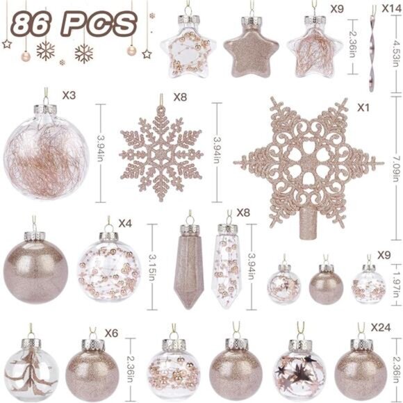 86PCS ChristmasBalls Ornaments Set,Shatterproof Plastic Clear Decorative Baubles - Picture 2 of 7